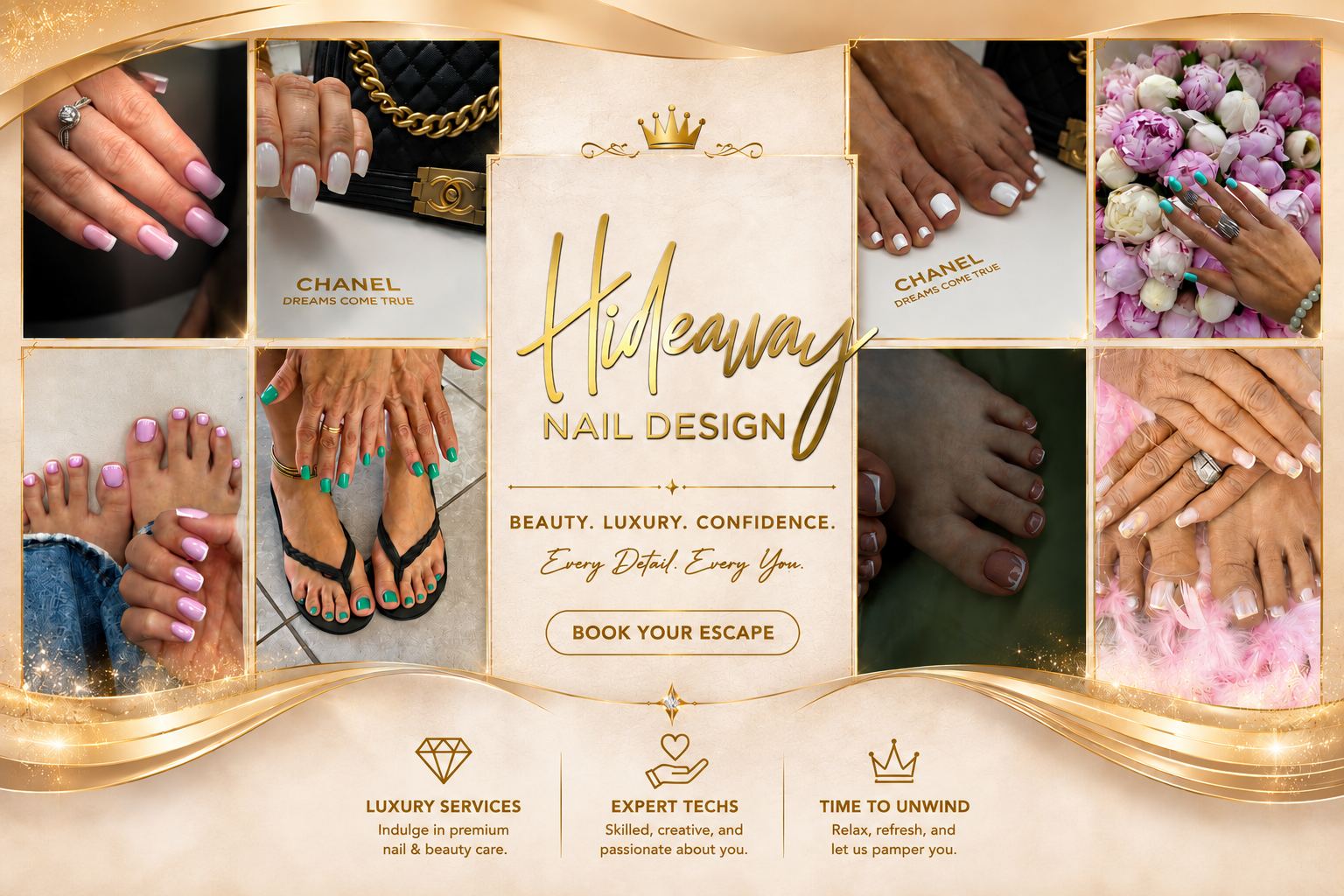 Hideaway Nail Design — beauty, luxury, confidence collage