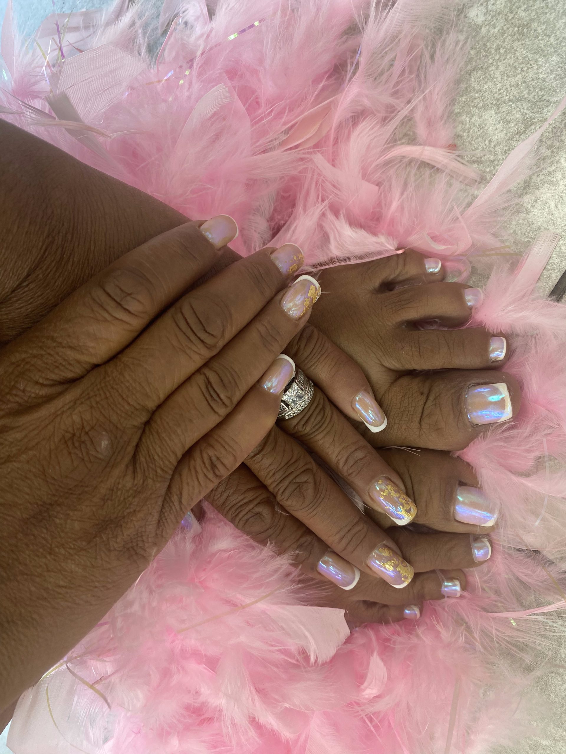 Iridescent opal-toned Russian manicure with gold flecks at Hideaway Nail Design in North Hollywood