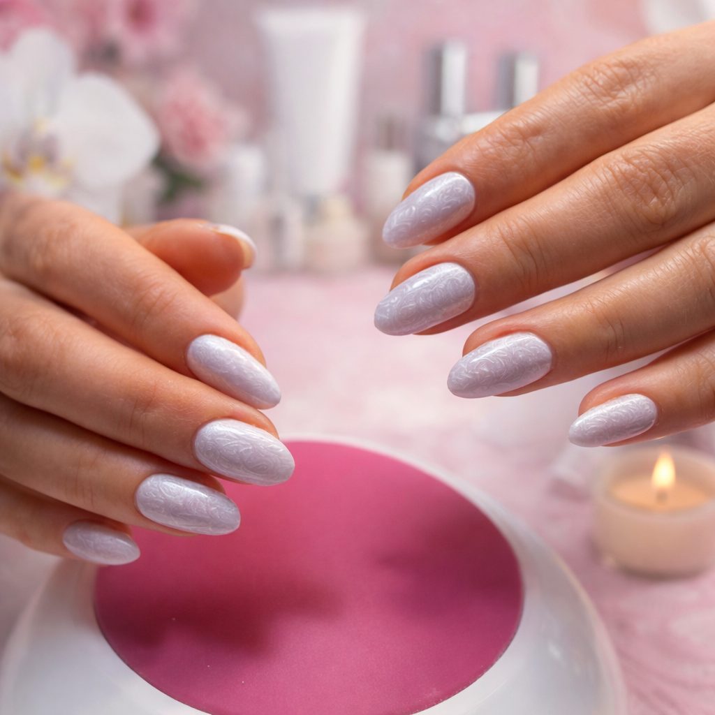 Pearl shimmer gel manicure at Hideaway Nail Design, North Hollywood
