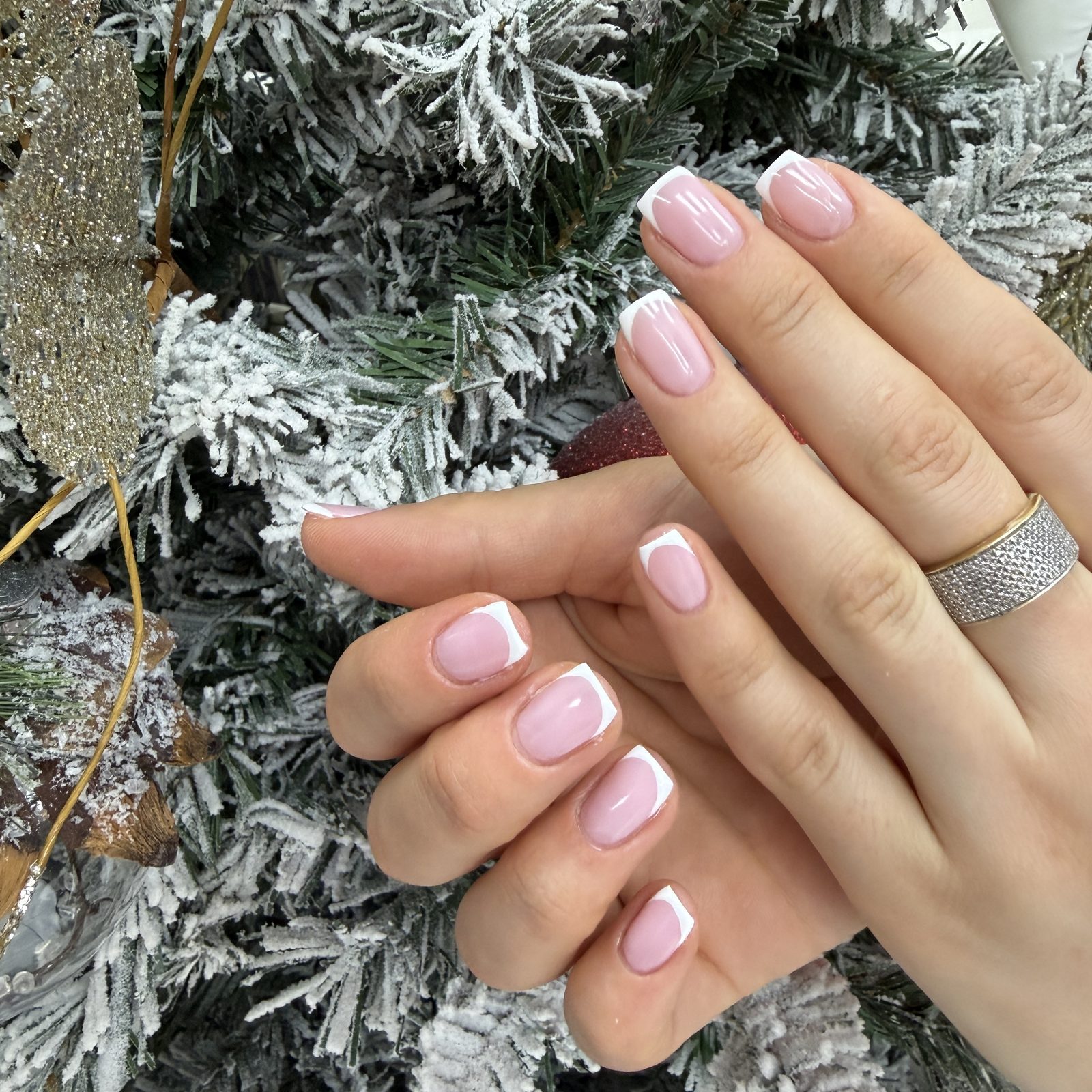 Pale pink manicure against snowy branches, Hideaway Nail Design